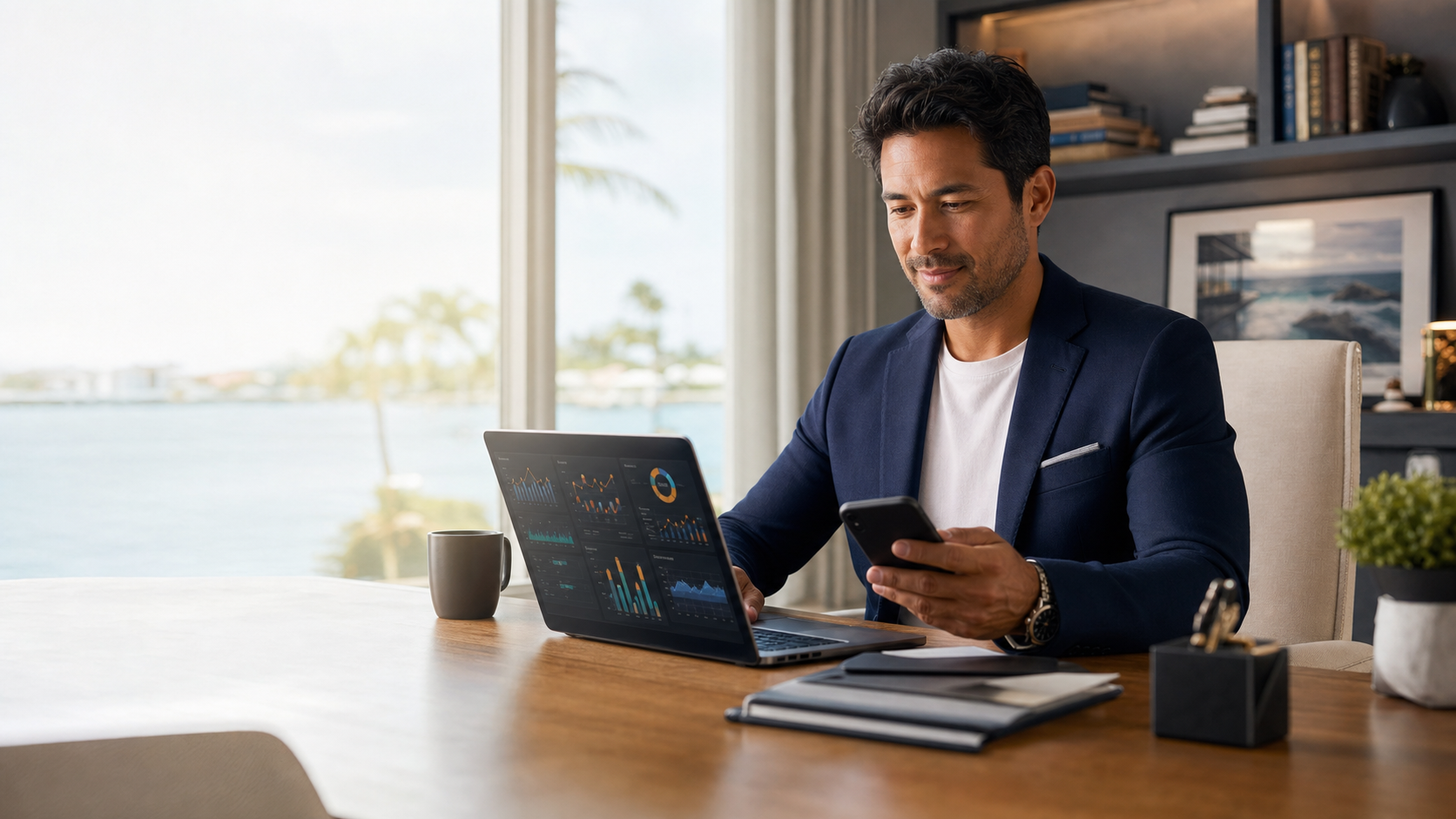 Real estate professional reviewing digital growth analytics from a Florida office